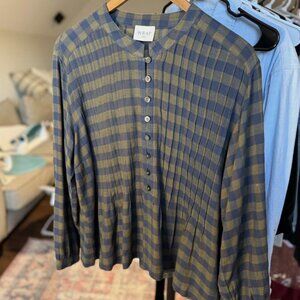 WRAP Women’s Navy & Olive Plaid Blouse Pleated Detail Long Sleeve Top